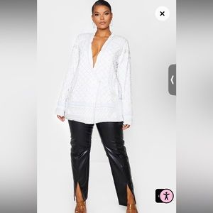 Plus White Premium Embellished Beaded Oversized Blazer PLT